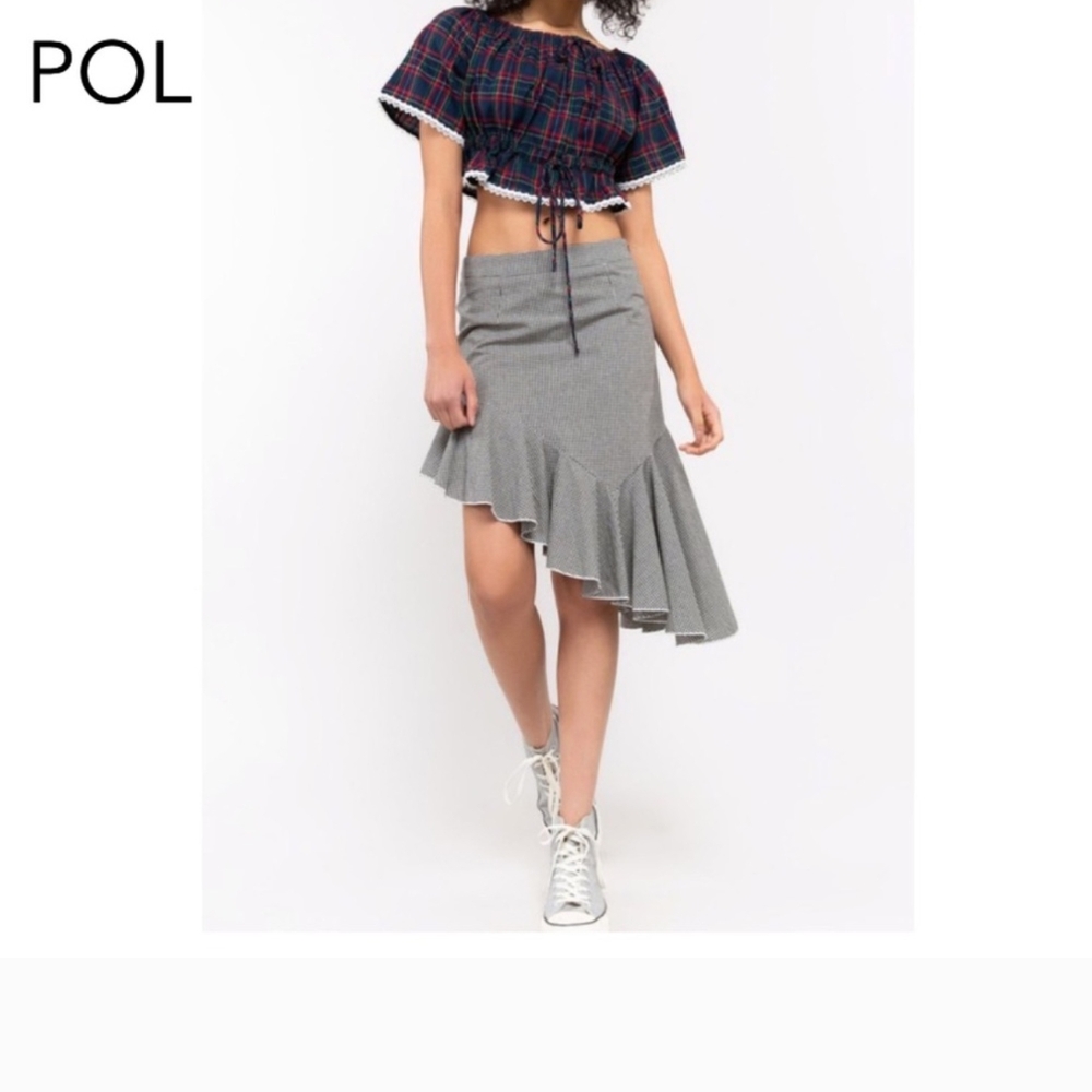 POL Gray Trumpet Midi Skirt Asymmetrical Ruffled
